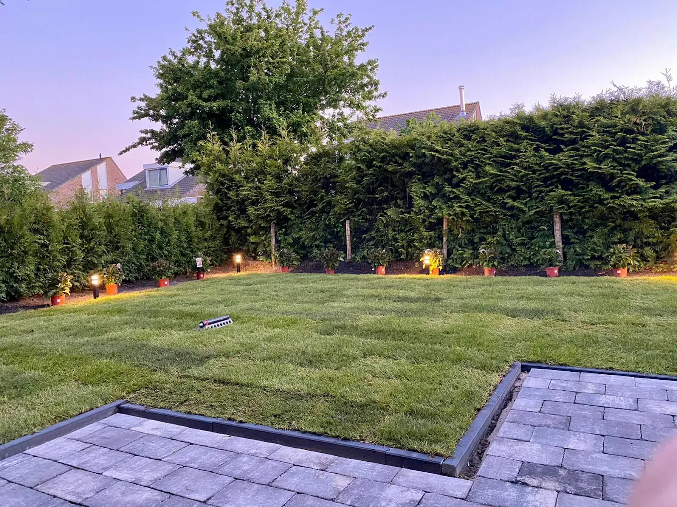 Tuin met gazon en verlichte bestrating bij schemer
